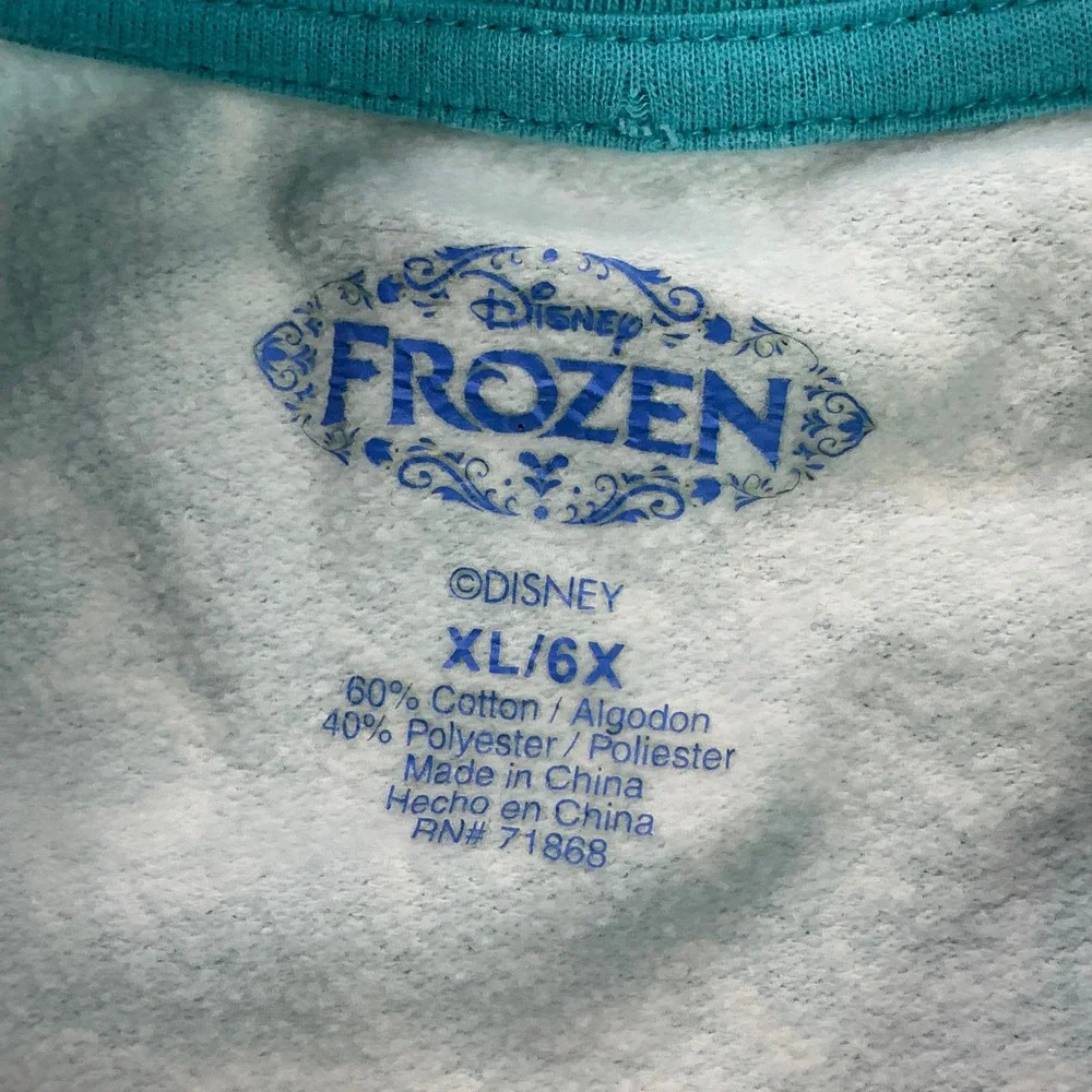 Disney Frozen Teal White Sweatshirt Kids XL/6X Elsa Anna Glitter Raglan Sleeves